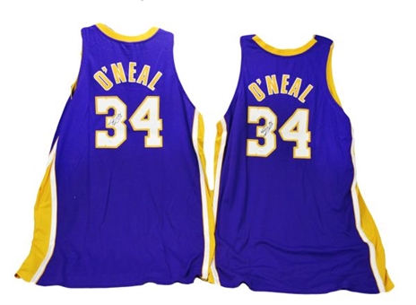 Lot of Two (2) Shaquille ONeal Signed Pro-Cut Los Angeles Lakers Jerseys 